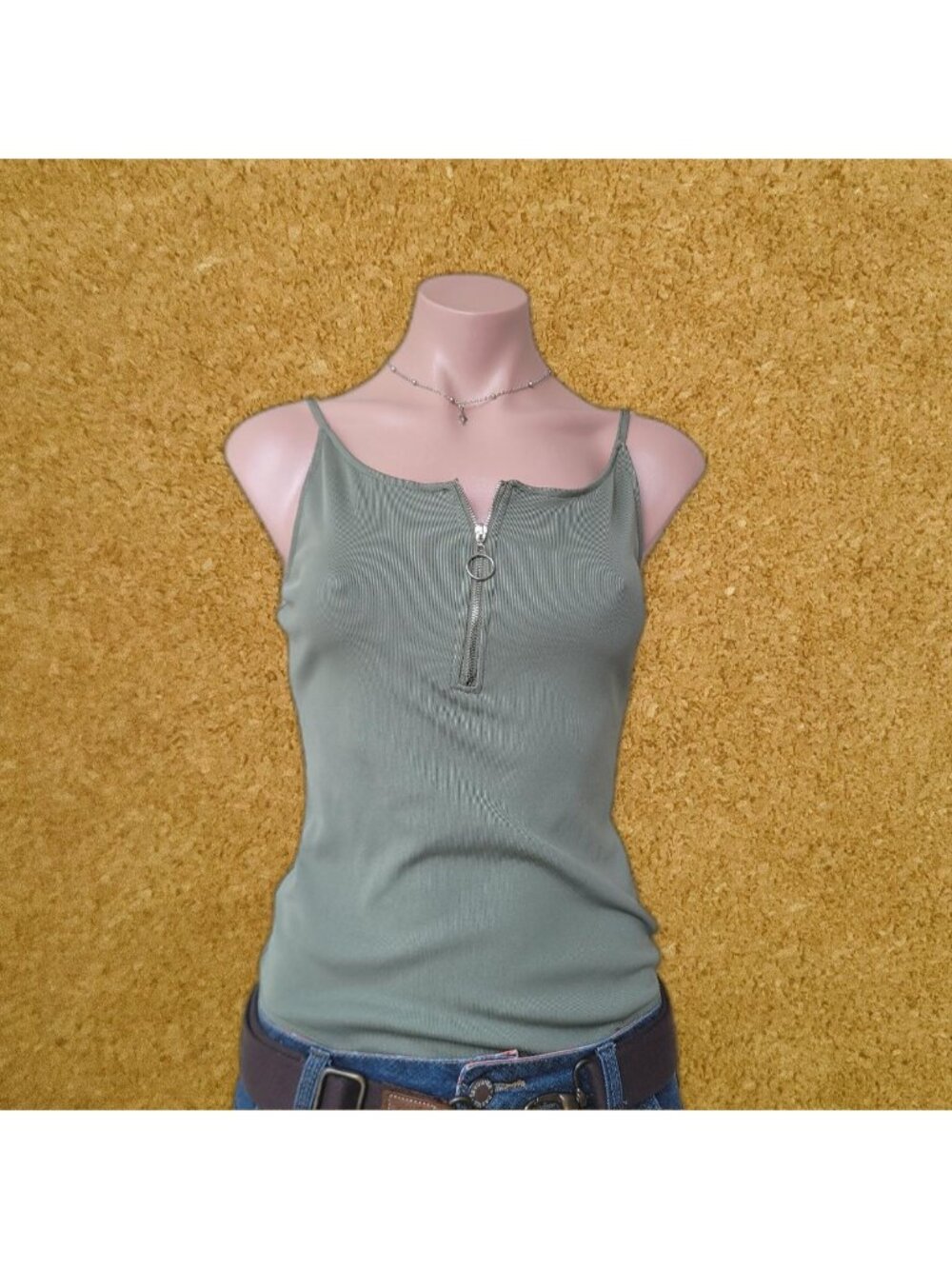 Ardene Green Ribbed Zip-Front Tank Bodysuit (M)